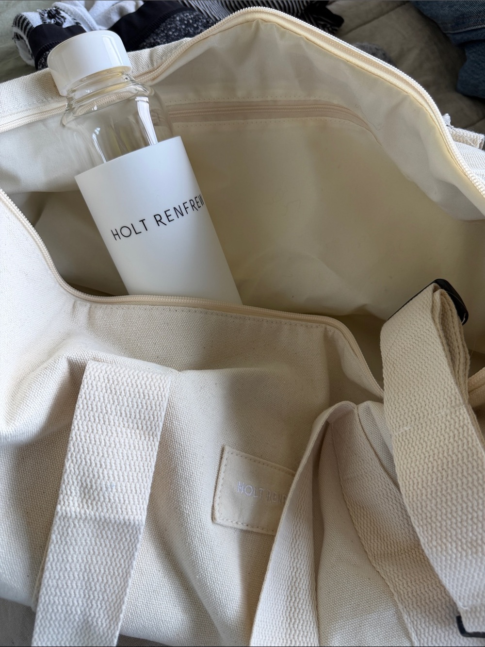Holt Renfrew Cream Canvas Duffle Bag & Glass Water Bottle with silicone Sleeve